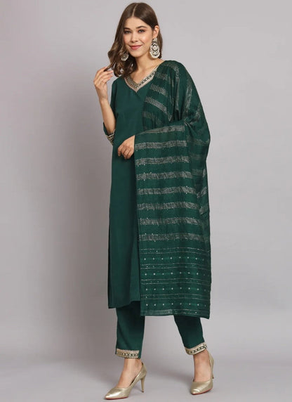 Green Silk Salwar Suit With Embroidery Work