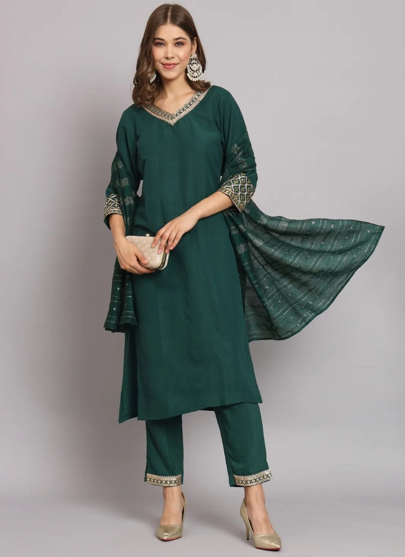 Green Silk Salwar Suit With Embroidery Work