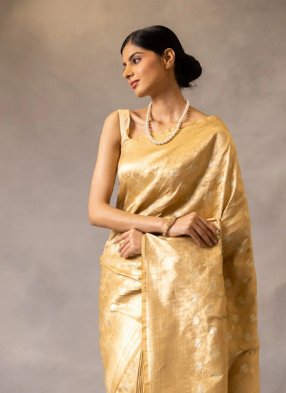 Golden Pure Banarasi Silk Saree With Resham Work