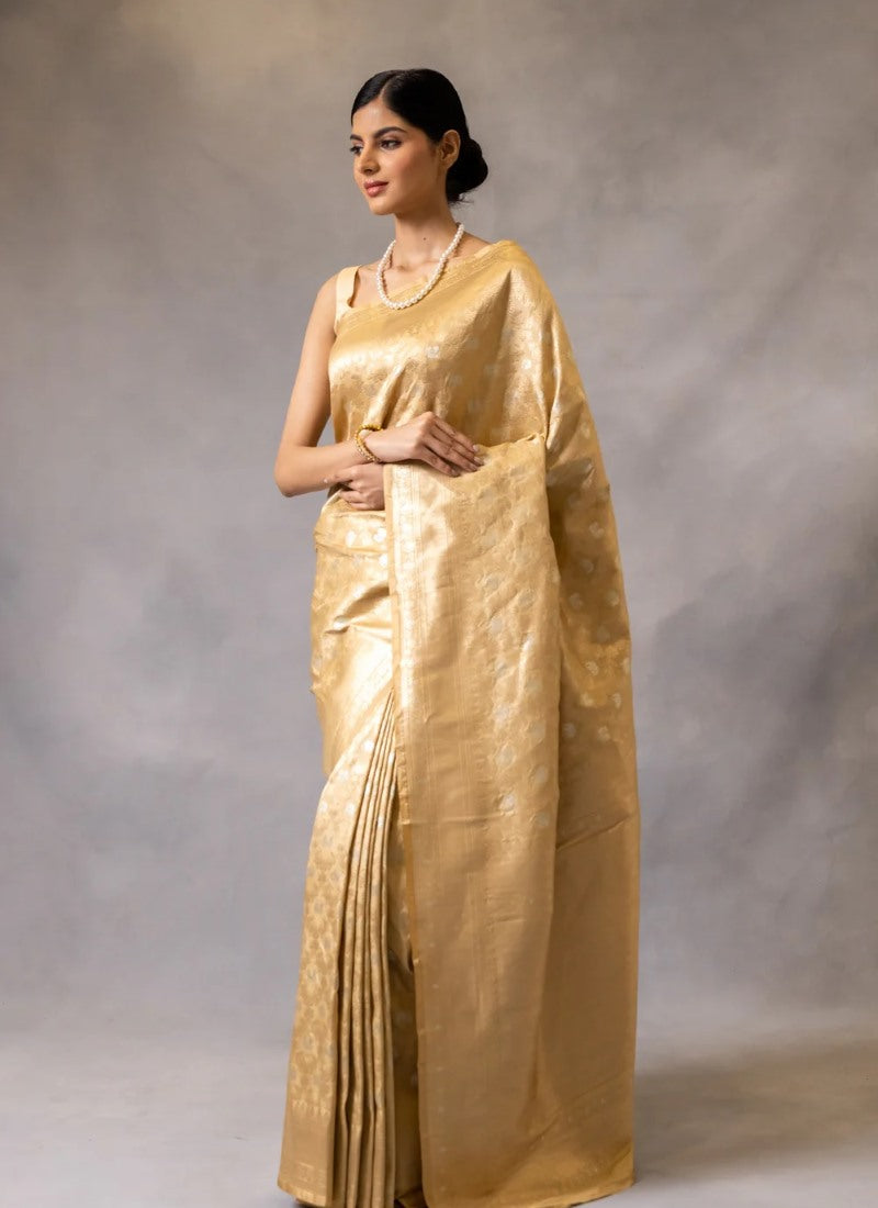 Golden Pure Banarasi Silk Saree With Resham Work