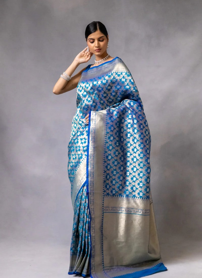 Sky Blue Pure Banarasi Silk Saree With Resham Work