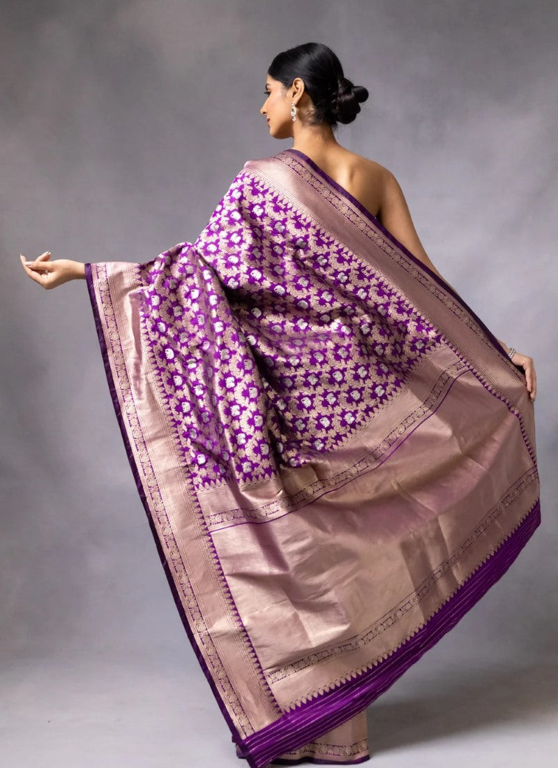 Purple Pure Banarasi Silk Saree With Resham Work