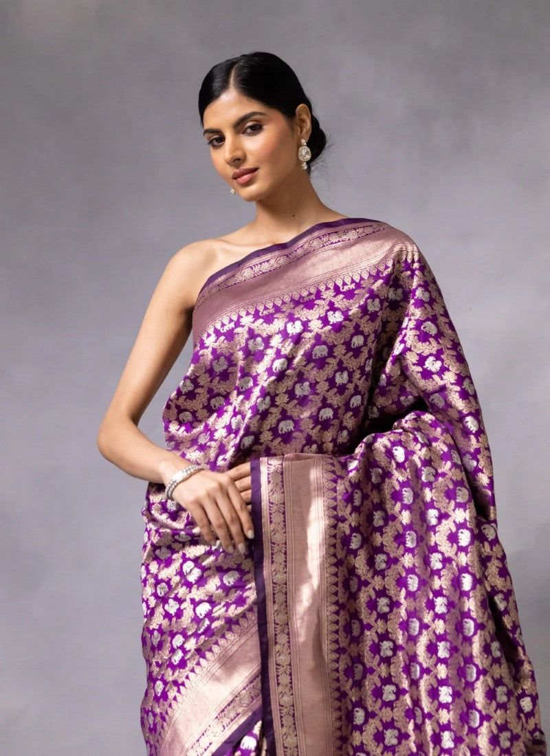 Purple Pure Banarasi Silk Saree With Resham Work