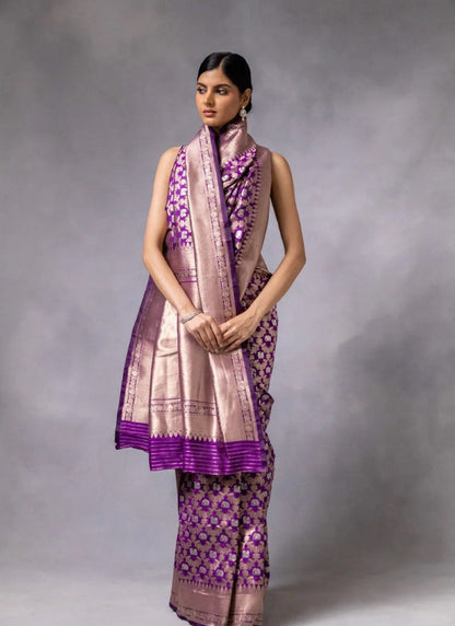 Purple Pure Banarasi Silk Saree With Resham Work