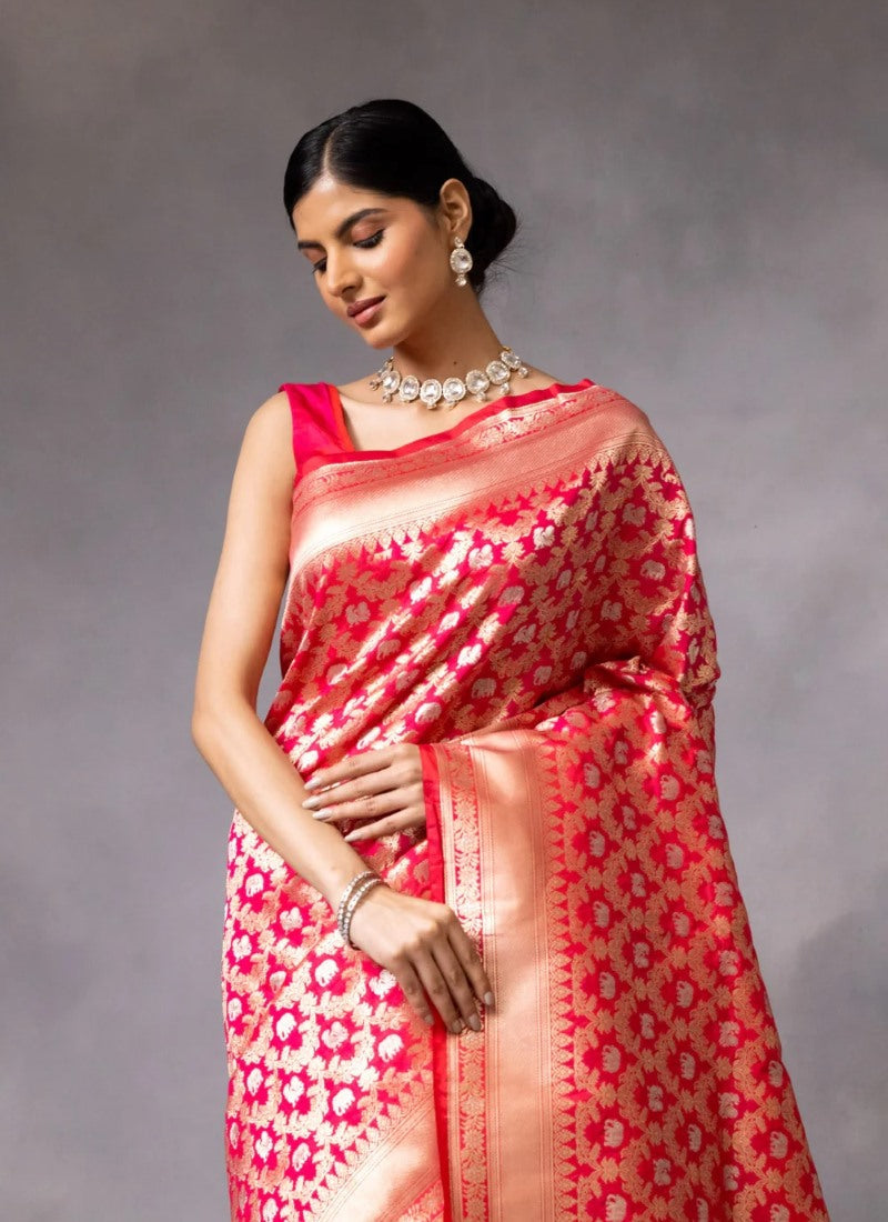 Pink Pure Banarasi Silk Saree With Resham Work