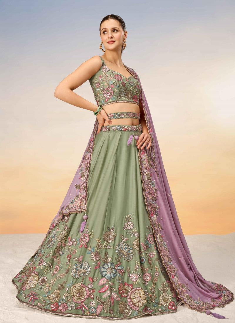 Olive Green Bridesmaid Lehenga Choli With Embroidery and Sequins Work