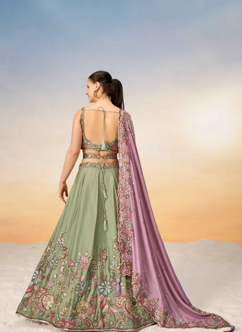 Olive Green Bridesmaid Lehenga Choli With Embroidery and Sequins Work