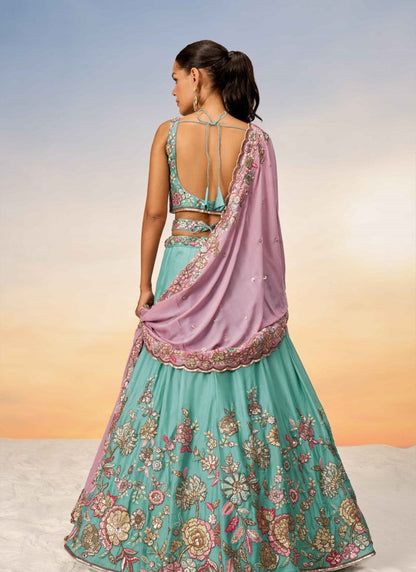 Sea Green Bridesmaid Lehenga Choli With Embroidery and Sequins Work