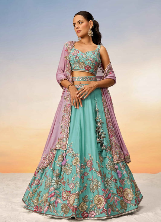 Sea Green Bridesmaid Lehenga Choli With Embroidery and Sequins Work