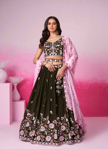 Olive Green Bridal Lehenga Choli With Heavy Embroidery Work