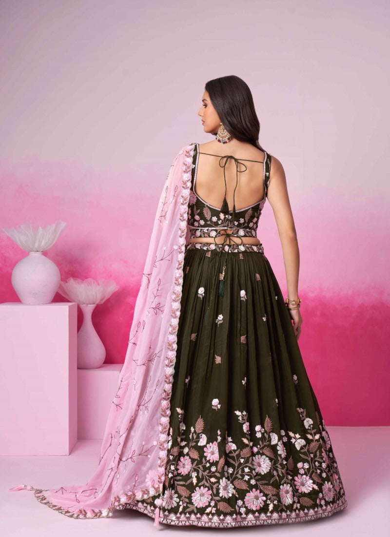 Olive Green Bridal Lehenga Choli With Heavy Embroidery Work