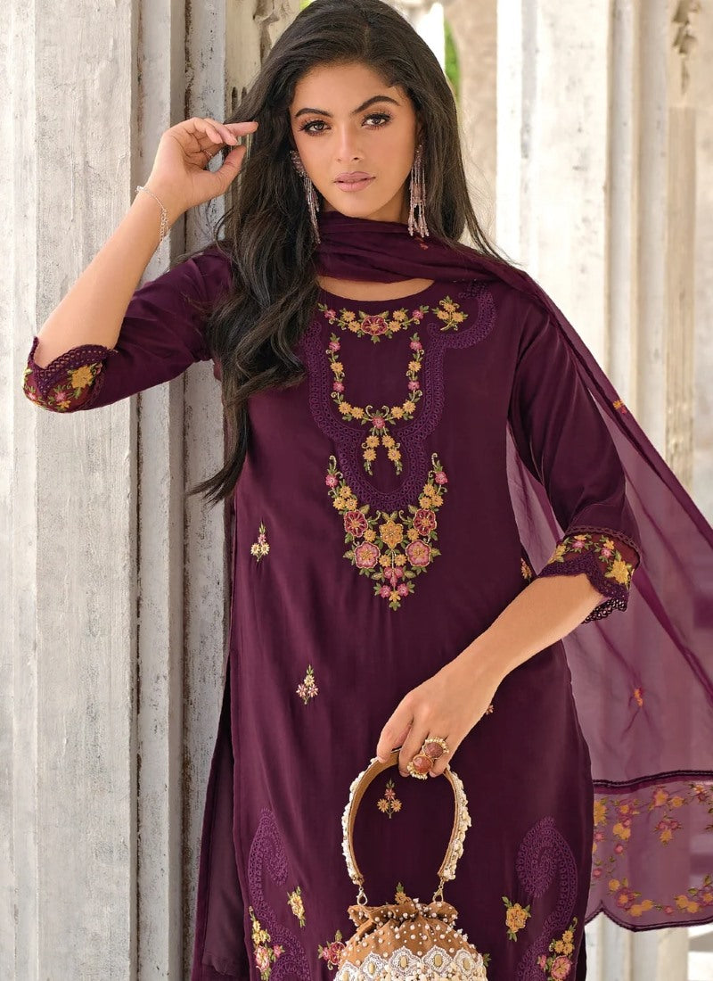 Purple Pant Style Salwar Suit With Embroidery Work