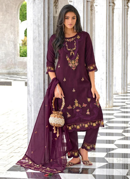 Purple Pant Style Salwar Suit With Embroidery Work