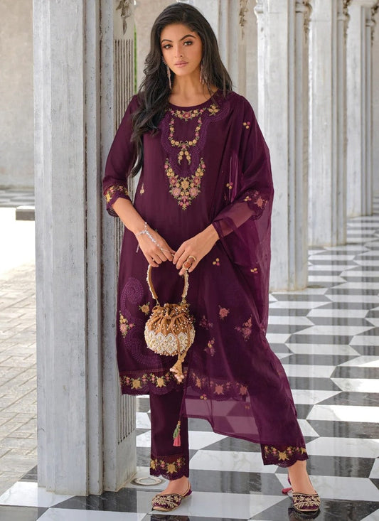 Purple Pant Style Salwar Suit With Embroidery Work