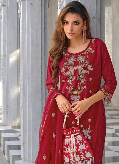 Red Pant Style Salwar Suit With Embroidery Work