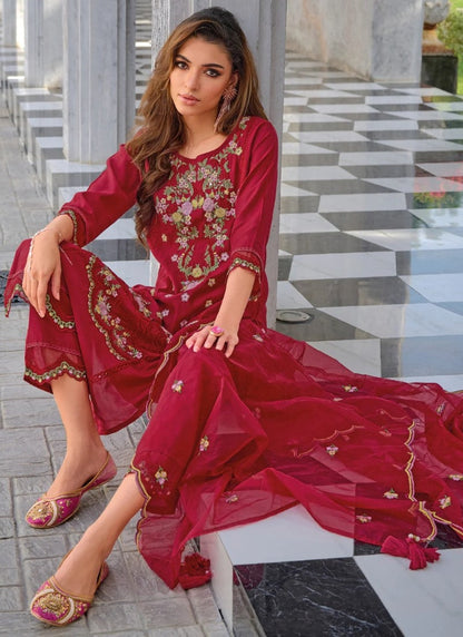 Red Pant Style Salwar Suit With Embroidery Work