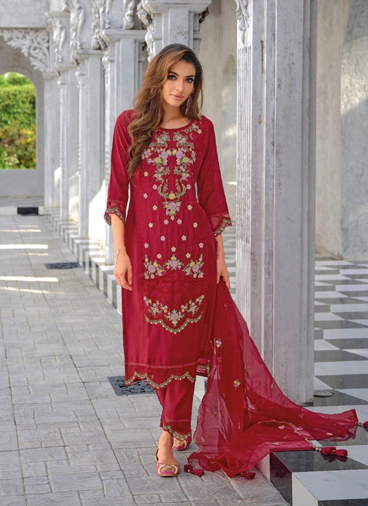 Red Pant Style Salwar Suit With Embroidery Work