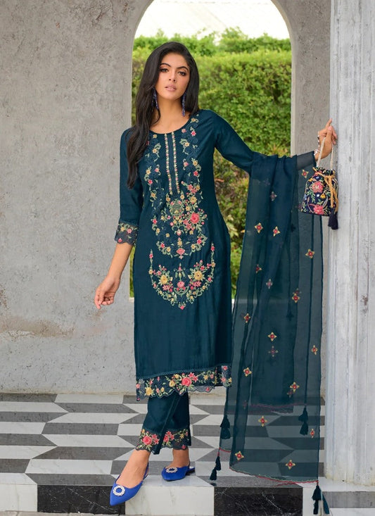 Teal Blue Pant Style Salwar Suit With Embroidery Work