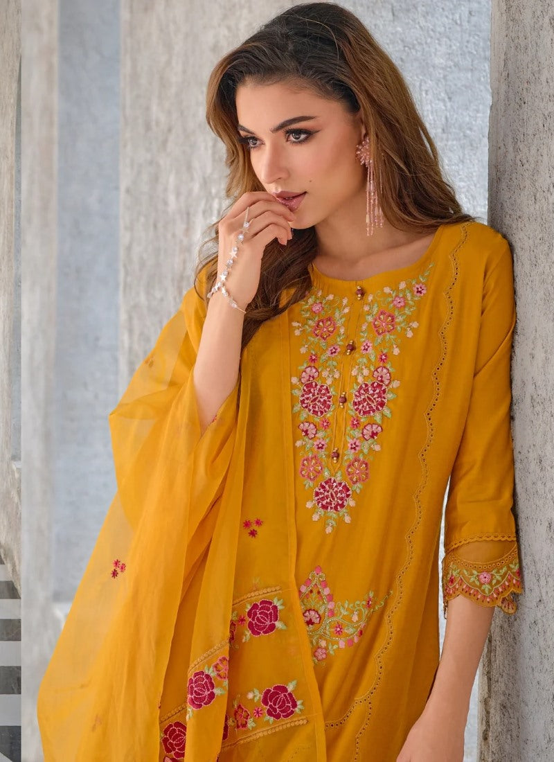 Yellow Pant Style Salwar Suit With Embroidery Work