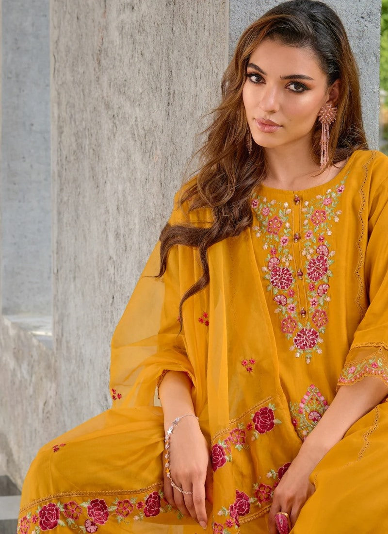 Yellow Pant Style Salwar Suit With Embroidery Work