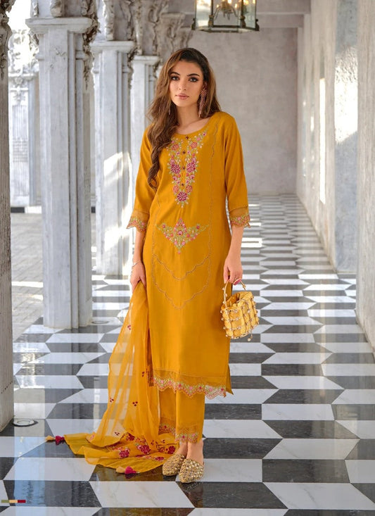 Yellow Pant Style Salwar Suit With Embroidery Work