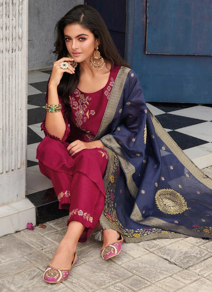 Red Pant Style Salwar Suit With Embroidery Work