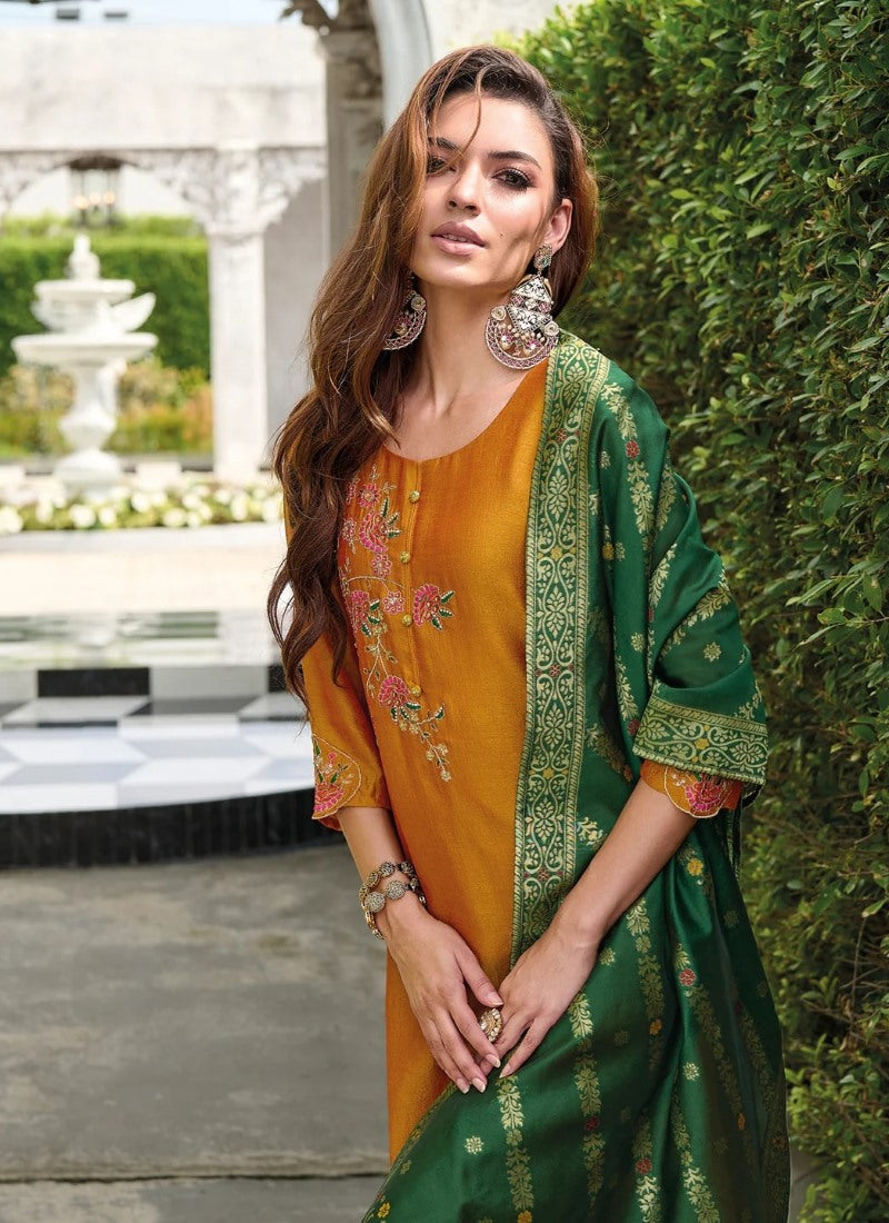 Mustard Pant Style Salwar Suit With Embroidery Work