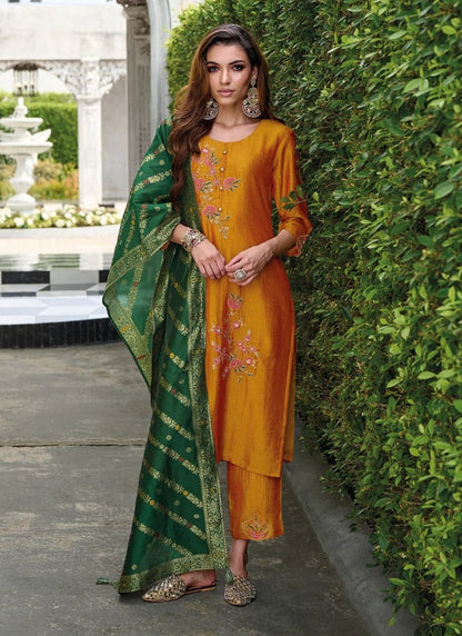 Mustard Pant Style Salwar Suit With Embroidery Work