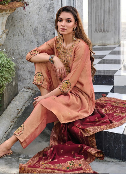 Peach Pant Style Salwar Suit With Embroidery Work