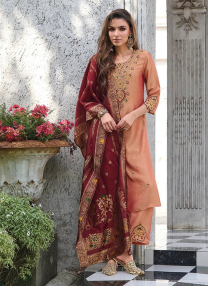 Peach Pant Style Salwar Suit With Embroidery Work