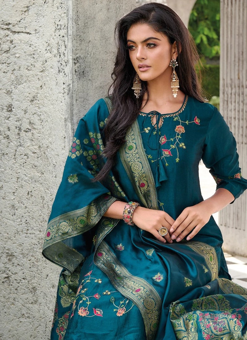 Teal Blue Pant Style Salwar Suit With Embroidery Work