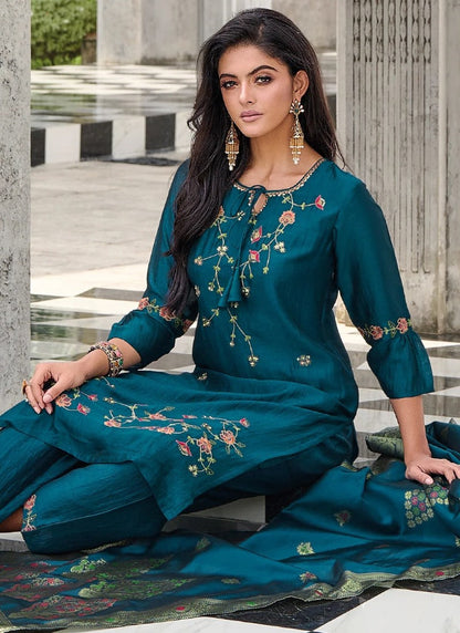 Teal Blue Pant Style Salwar Suit With Embroidery Work