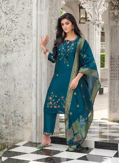 Teal Blue Pant Style Salwar Suit With Embroidery Work