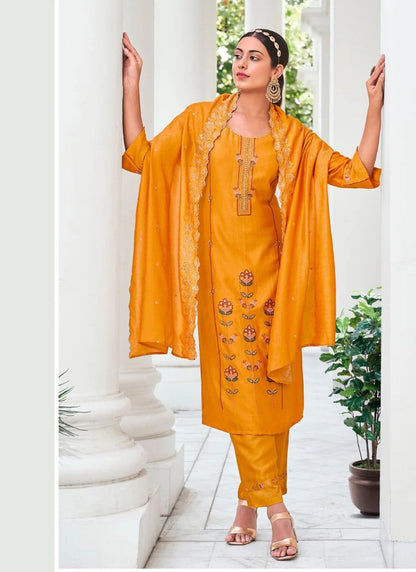 Yellow Pant Style Salwar Suit With Embroidery Work