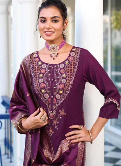 Purple Pant Style Salwar Suit With Embroidery Work