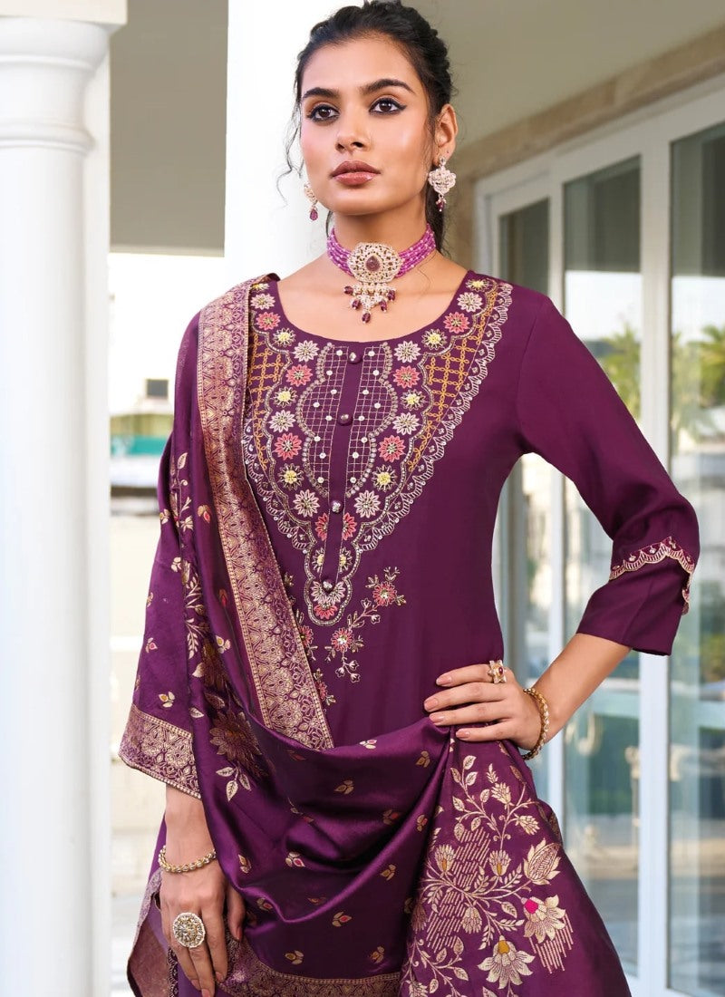 Purple Pant Style Salwar Suit With Embroidery Work