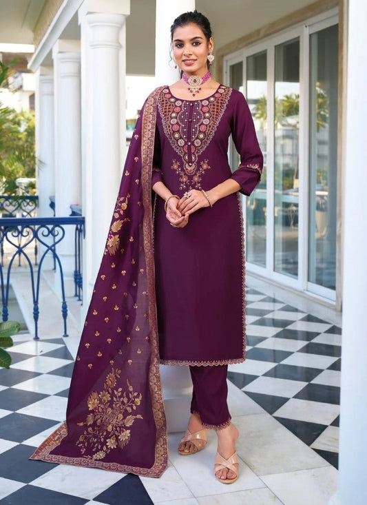 Purple Pant Style Salwar Suit With Embroidery Work