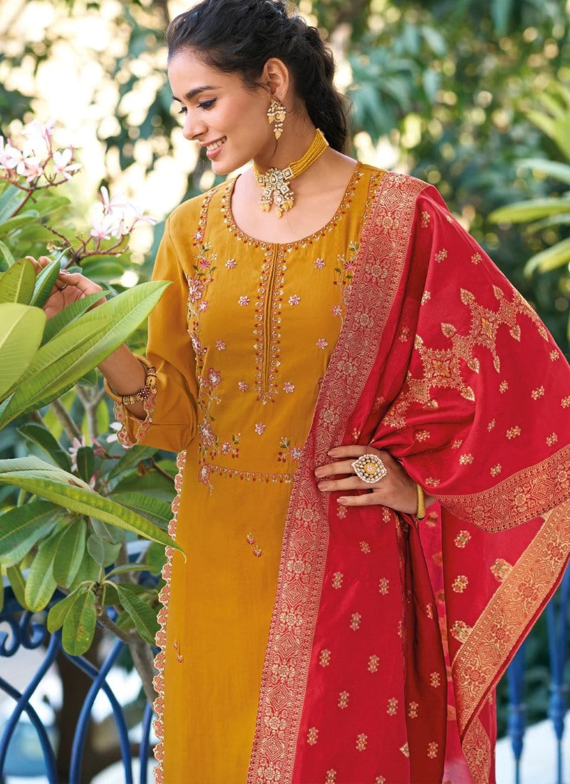 Yellow Pant Style Salwar Suit With Embroidery Work