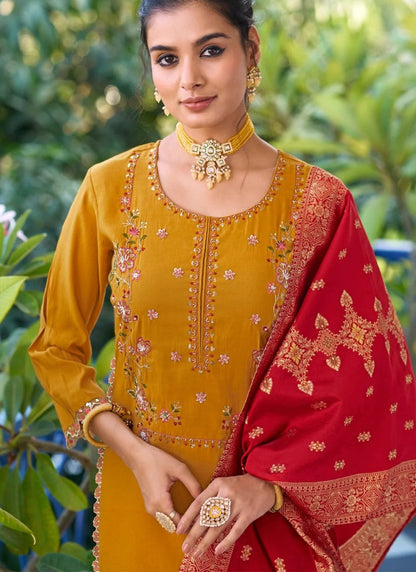 Yellow Pant Style Salwar Suit With Embroidery Work