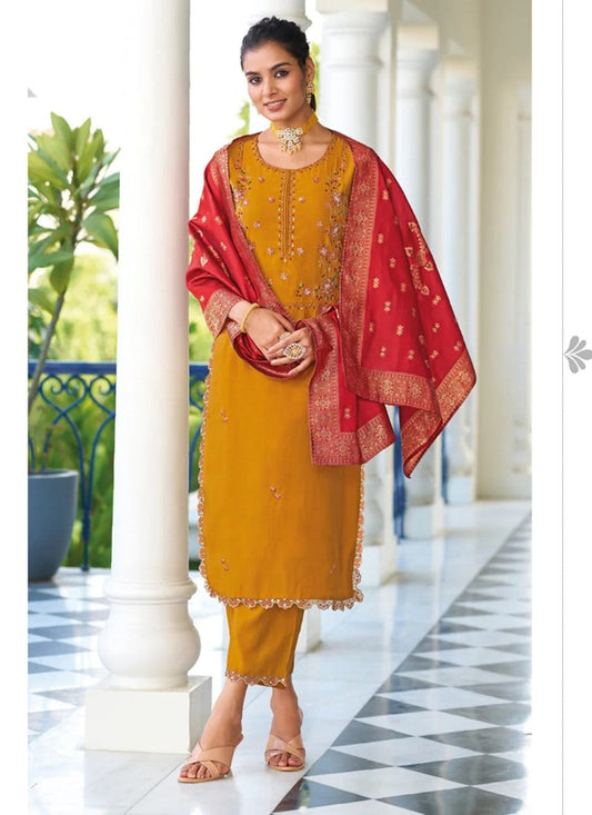 Yellow Pant Style Salwar Suit With Embroidery Work