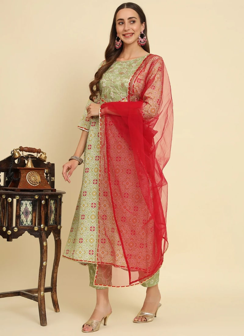 Pista Green Pant Style Salwar Suit With Embroidery Work