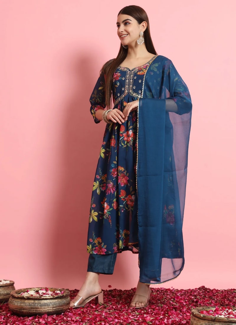 Navy Blue Pant Style Salwar Suit With Embroidery Work