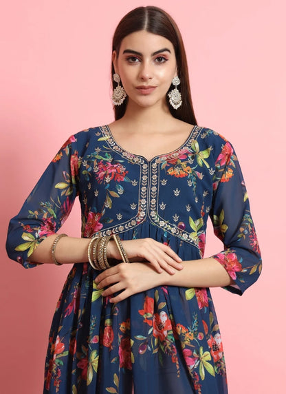 Navy Blue Pant Style Salwar Suit With Embroidery Work