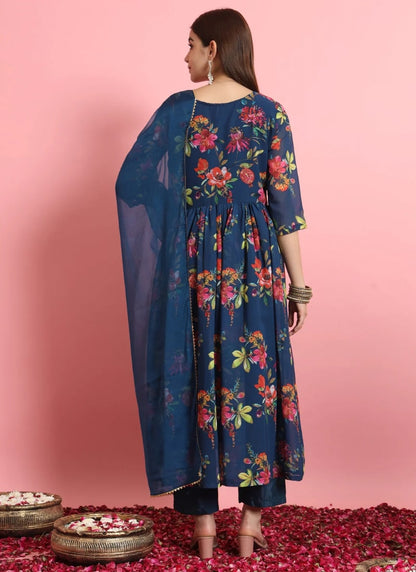 Navy Blue Pant Style Salwar Suit With Embroidery Work