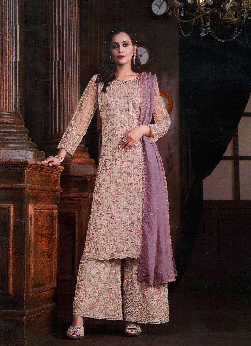 Cream Straight Cut Palazzo Salwar Suit With Embroidery Work