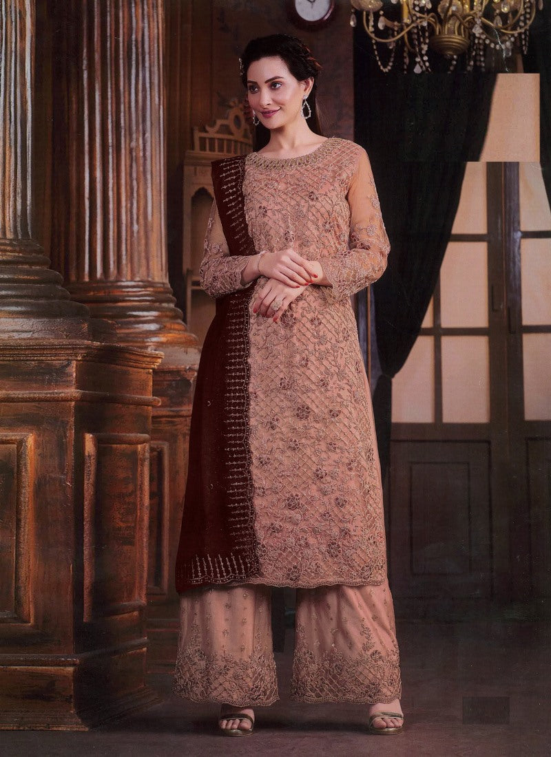 Peach Straight Cut Palazzo Salwar Suit With Embroidery Work