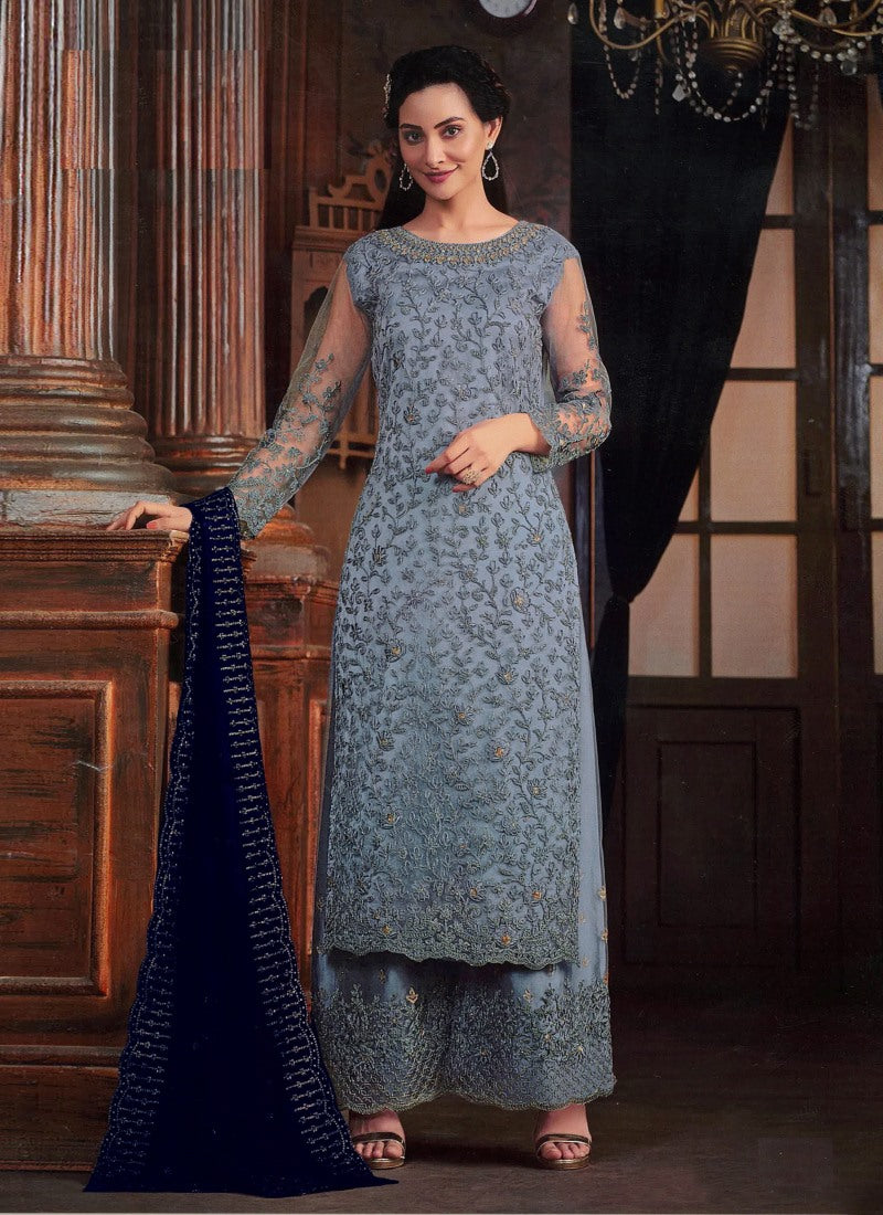 Sky Blue Straight Cut Palazzo Salwar Suit With Embroidery Work