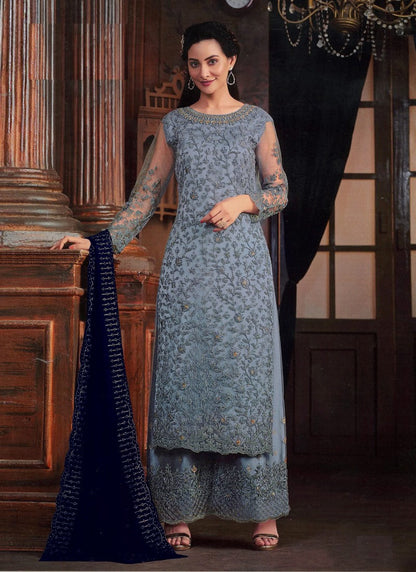 Sky Blue Straight Cut Palazzo Salwar Suit With Embroidery Work