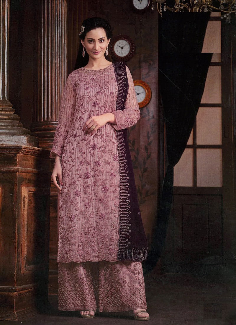  Levender Straight Cut Palazzo Salwar Suit With Embroidery Work