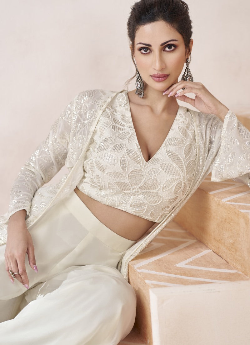 White Indo Western Palazzo Suit